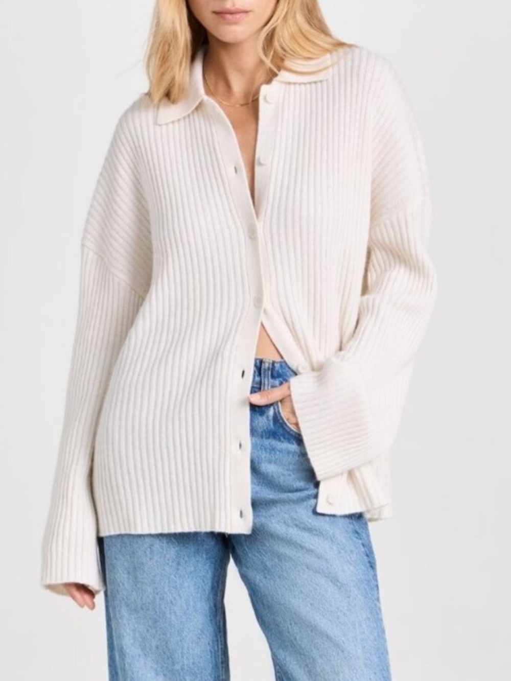 Reformation Cream Ribbed Button-Front Cardigan